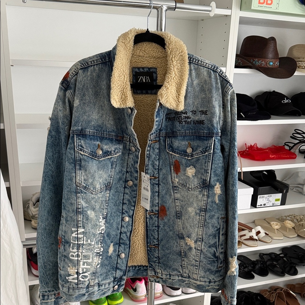 Zara Distressed Blue Denim Jacket with Sherpa lining